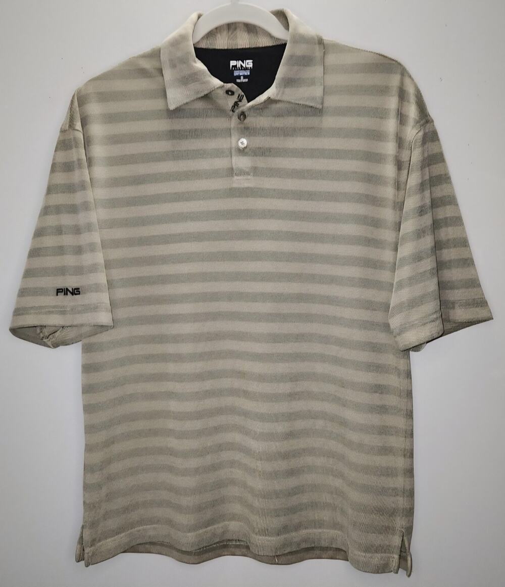 Ping Performance Dynamics Tan And Gray Striped Polo Golf Shirt Mens Size Small
